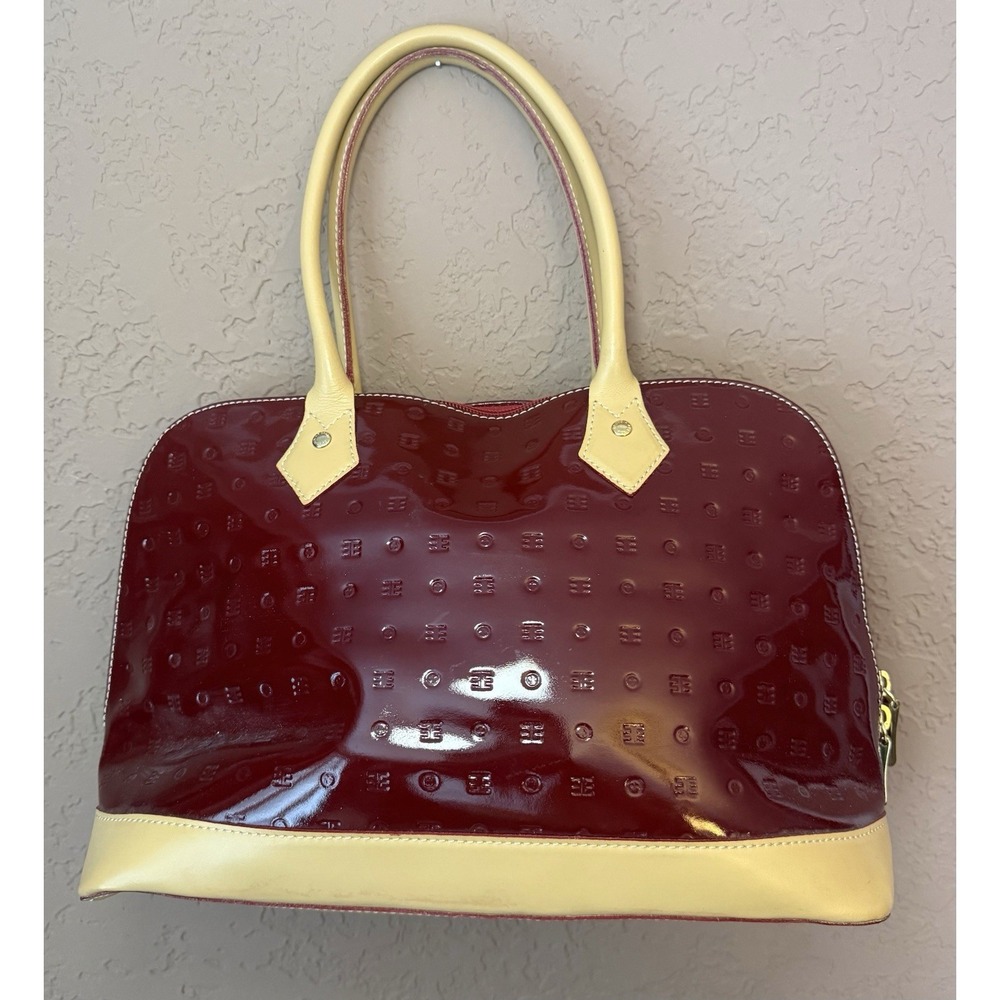 Arcadia Embossed Red Patent Leather Dome Satchel Handbag Double Handle & Zipper